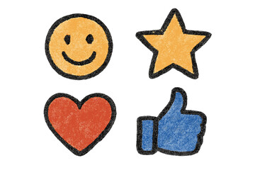 Social media icons set. Hand-drawn like, love, favorite emoji. Crayon sketch of smiley face, heart, star, and thumbs up symbols for feedback, rating and reactions.