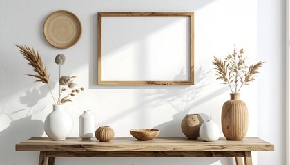 Rustic interior with a blank frame above a wooden table adorned with vases, decorative bowls, and botanical elements against a white wall