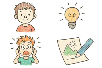 Boy emotion face expression set. Hand drawn charcoal sketch illustration. Happy smile vs scared shock anxiety. Idea lightbulb, creativity pencil drawing. Cute cartoon character doodle.