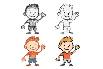 Set of four cartoon boy characters waving. Hand-drawn charcoal sketch, pencil doodle, crayon texture, and clean vector illustration style. Kid saying hello. Cute friendly mascot.