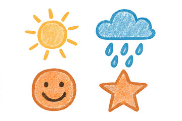 Cute charcoal doodle set of weather and mood icons. Hand drawn vector cartoon illustration. Sun, rainy cloud, smiley face and star symbols with crayon texture. Isolated.