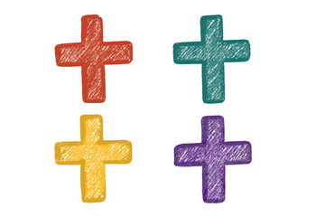 Fototapeta premium Colorful plus sign and cross symbol set. Hand-drawn charcoal crayon texture illustration. Positive icons, addition signs, or Christian faith symbols. Vector graphic elements.