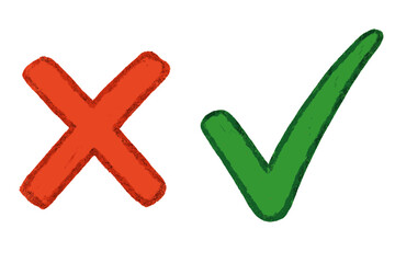 Hand-drawn check mark and cross symbol set. Vector illustration of green tick and red x icons. Concepts for yes, no, right, wrong, approve, reject, choice, and survey button.