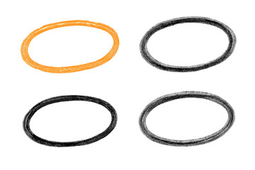 Hand-drawn crayon stroke circle frames. Set of pencil sketch doodle borders. Grunge charcoal texture ovals. Vector illustration design elements for highlighting text. Messy scribble effect.