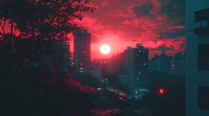 Obraz premium Urban sunset, vibrant crimson hues, cityscape view through trees