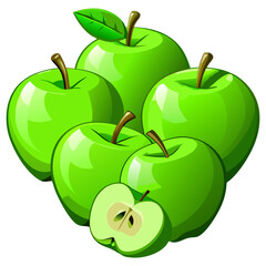 Create a high-resolution, realistic image of several fresh green apples (Granny Smith variety) arranged artistically on a white background. Include a mix of whole apples, halved apples, and apple slic