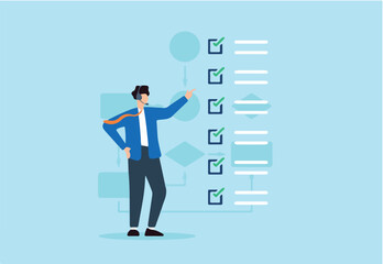 Flat illustration of consultant communicating task checklist during voice call using headset in business workflow system