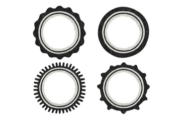 Set of grunge vector frames. Collection of retro badges and stamps. Vintage textured seal and label borders. Circle logo template elements. Distressed rosette and cog icons.
