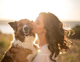 Woman kissing dog at sunset