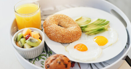Nutrition, health and breakfast on platter with food, protein or vitamin benefits in balanced diet. Wellness, meal and hospitality on plate with fruit, orange juice or hydration boost in antioxidant
