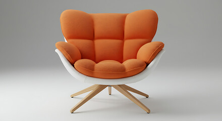 A bright orange, tufted armchair with a sleek white shell and light wooden legs, shot in a studio.
