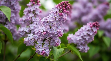 Fototapeta premium Close-up of vibrant lilac blossoms. Clusters of delicate, light purple flowers on a lush green leafy branch. Soft focus background of more blossoms