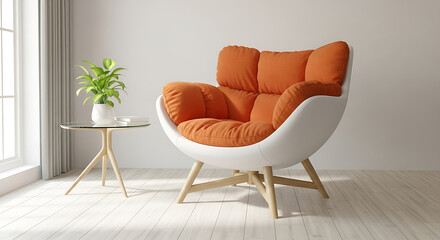 A vibrant orange armchair with a white shell, set in a bright, minimalist living room.