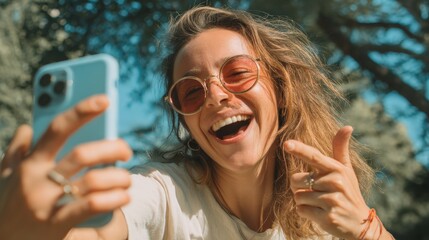 Woman is smiling and holding a cell phone