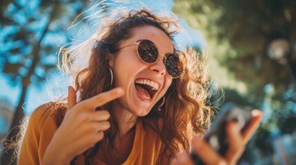 Woman wearing sunglasses and a yellow shirt is smiling