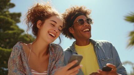 Two people are smiling and holding cell phones