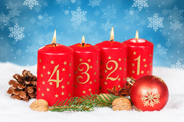 Fourth 4th Sunday in advent with burning candle Christmas card time winter background with copyspace copy space