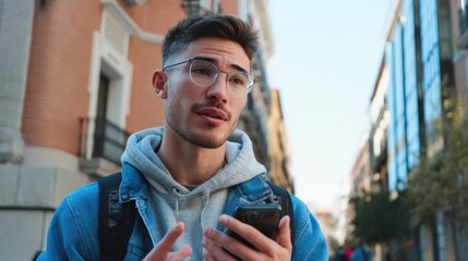 Man wearing a blue jacket and glasses is holding a cell phone