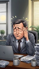 Cartoon style businessman with headache at work