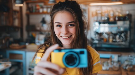 Girl is smiling and holding a camera