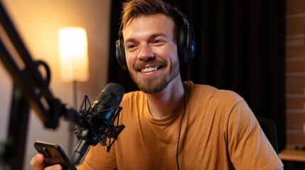 Man wearing headphones and smiling while holding a cell phone
