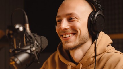 Man wearing headphones is smiling and looking at the camera
