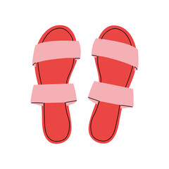Women's colorful summer sandals and shoes in hand drawn styleVector illustration of various open summer sandals with straps, low and high platform isolated. Summer cute slippers and sandals