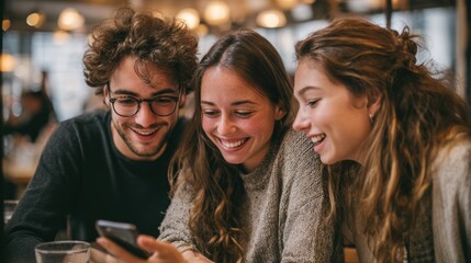 Three people are smiling and looking at a cell phone