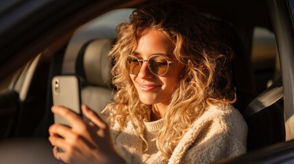 Woman is looking at her cell phone while sitting in a car