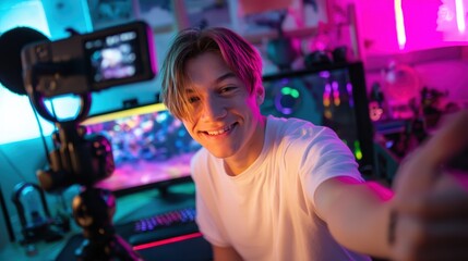 Young man is taking a selfie with a camera