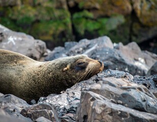 Sleepy seal resting on rocks