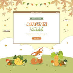 Autumn poster with cute animal illustration and retro computer pop up window