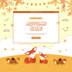 Autumn poster with cute animal illustration and retro computer pop up window