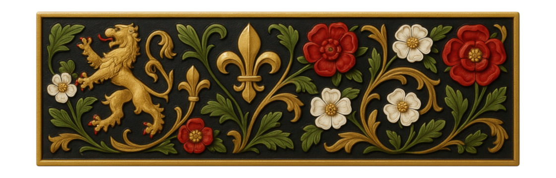 Tudor border with heraldic and floral designs