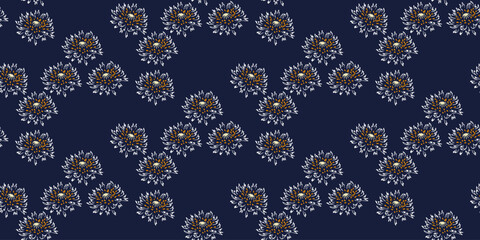Seamless floral pattern with plain white and yellow flowers on a deep navy blue background. Elegant flowers design for textiles, home decor, and fashion, adding a bold and sophisticated touch