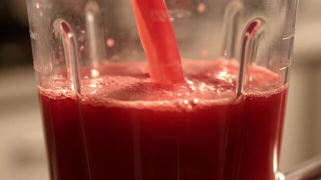 Close-up of vibrant red fruit and vegetable juice being poured into a blender for a healthy smoothie