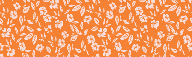 Seamless floral vector pattern with tropical hibiscus flowers and scattered leaves on a vibrant orange background. A minimalistic and stylish design for textiles, wallpapers, packaging, and branding
