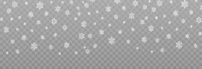 Vector snow PNG. Falling snowflakes on transparent background. Winter storm, snowfall, snowflakes PNG.