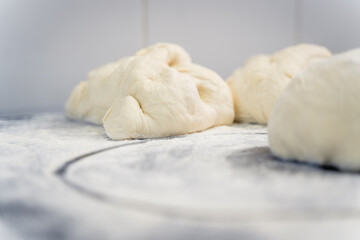 A piece of dough is sitting on a counter with a lot of flour on it
