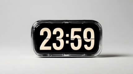 A retro digital flip clock shows the time at 23 59 signaling the final minute before midnight