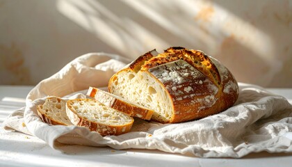 Artisanal homemade sourdough bread loaf, freshly baked and sliced on a rustic linen cloth, basking in warm, natural morning sunlight