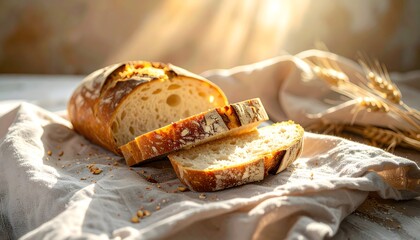 Artisan loaf of bread with a golden crust, sliced on a rustic cloth and bathed in warm morning sunbeams