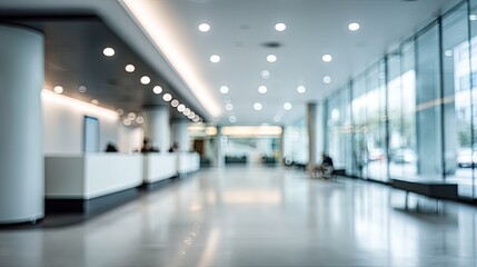 Blurry modern office hallway with reception desk