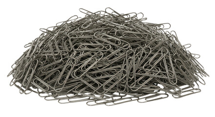 Pile of metallic gray paper clips.