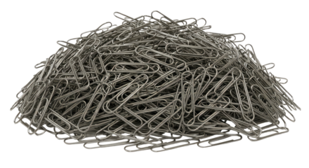 Pile of metallic gray paper clips.