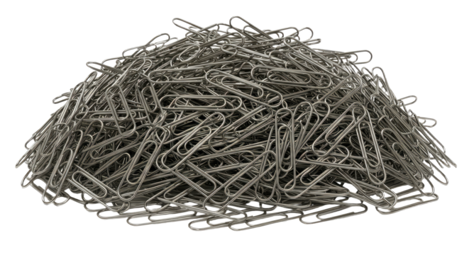 Pile of metallic gray paper clips.