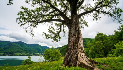 Obraz premium Majestic old tree by a lake, mountains in the background, under a cloudy sky