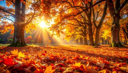 Magical autumn leaves twirl in a spirited wind, painting the ground with fiery colors amid towering oaks in a sunlit forest clearing