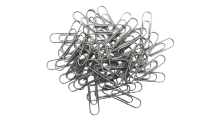 Pile of metallic paper clips on white background.