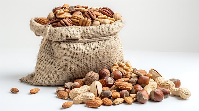 Burlap Sack Overflowing with Assorted Nuts on White Background